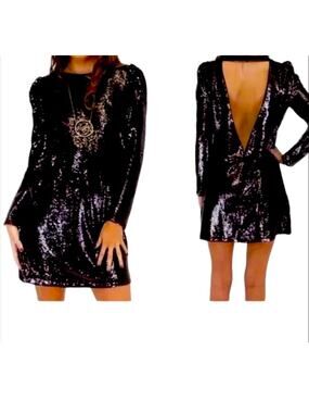 Sparkling Black Sequin Long Sleeve Boat Neck Low Back Buckle Detail Mini Dress M